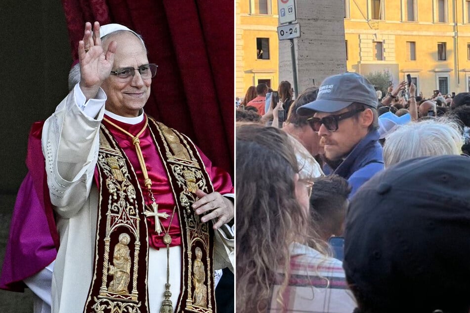 Pop star Harry Styles (r.) was seemingly spotted in the crowd awaiting the debut of Pope Leo XIV at the Vatican on Thursday.