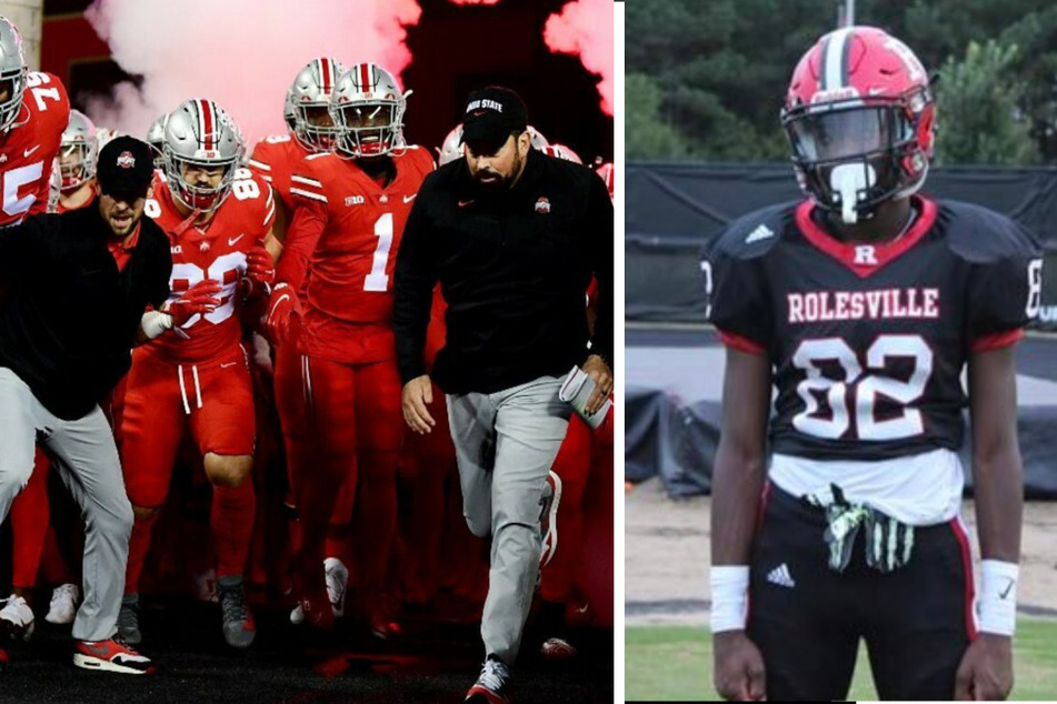 Ohio State Buckeyes head coach Ryan Day (l.) leads his team onto the field, which will now consist of a top-ranked wide-receiver in Noah Rodgers (r.).