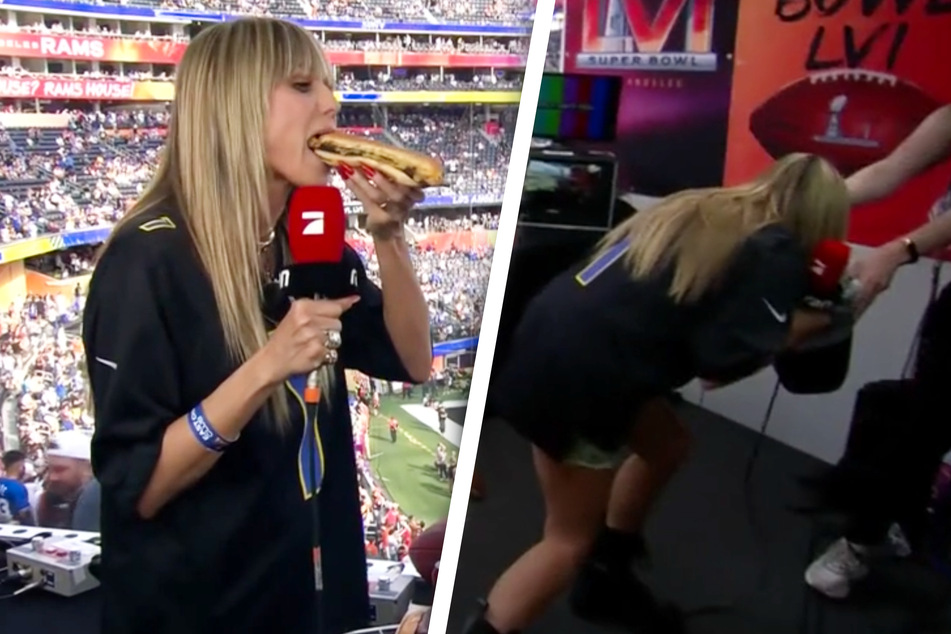 Heidi Klum: Heidi Klum beim Super Bowl: Und plötzlich spuckt sie vor laufender Kamera ihr Essen aus