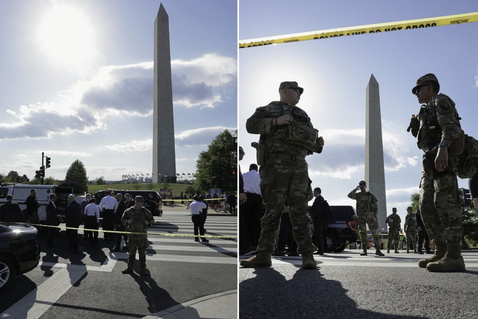 Law enforcement officers stand watch behind a cordoned off area at the scene of an officer-involved shooting in Washington DC,, with the Washington Monument in the background, on May 4, 2026.
