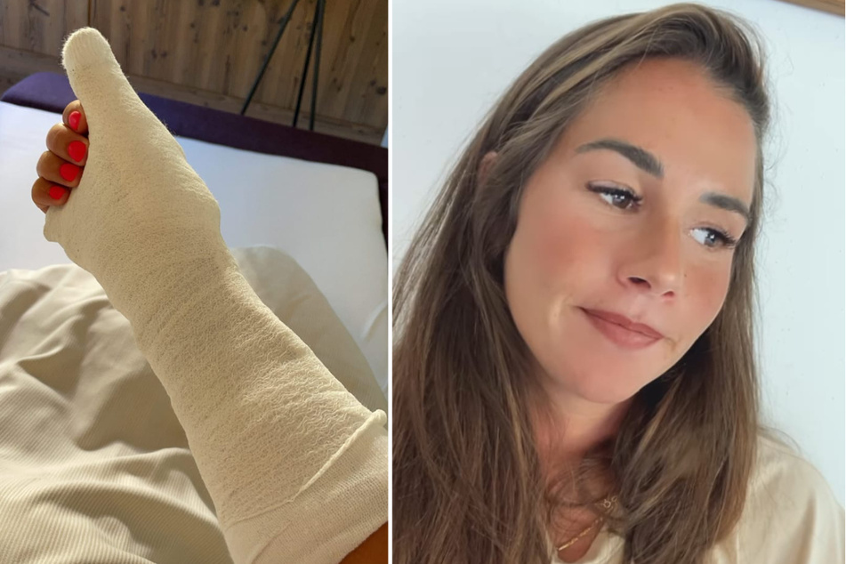 Sarah Engels (28) zeigt in einer Instagram-Story ihren Gipsarm. Die Schwangere hat sich im Österreich-Urlaub einen Handknochen angebrochen. (Fotomontage)