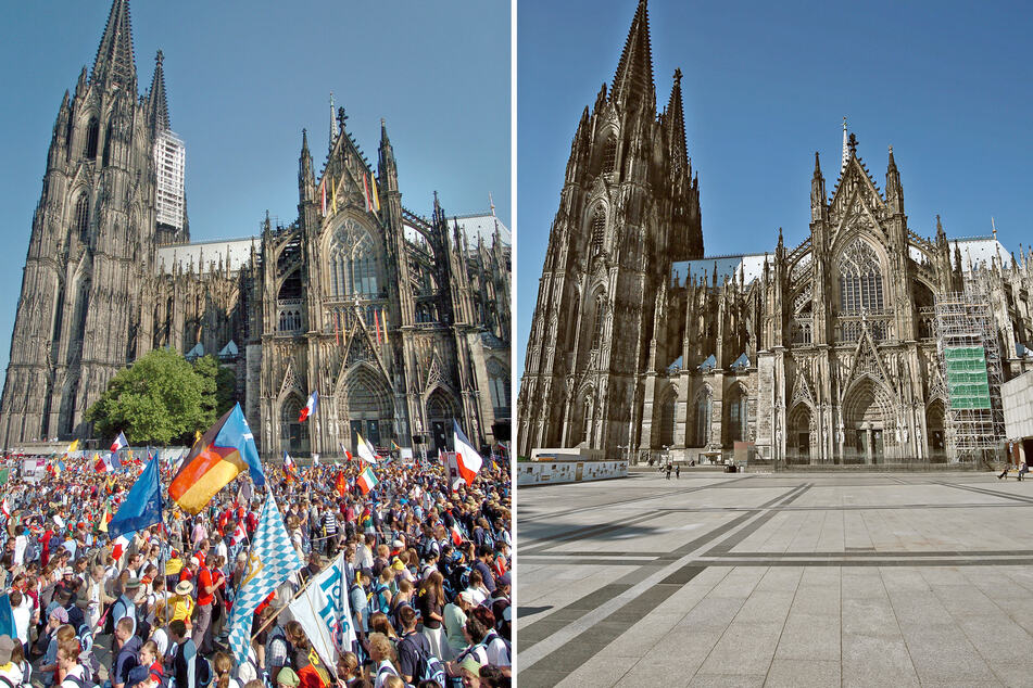 Der Roncalliplatz vor dem Kölner Dom bevölkert mit vielen Weltjugendtags-Pilgerern am Mittwoch, 17.8.2005 (l.) - und fast menschenleer am Mittwoch, den 1.4.2020.