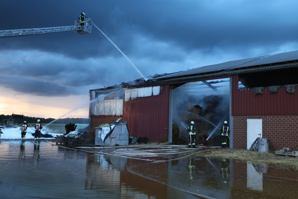 Mit einer Drehleiter leiteten die Feuerwehrleute einen massiven Löschangriff über das Dach der Halle ein.