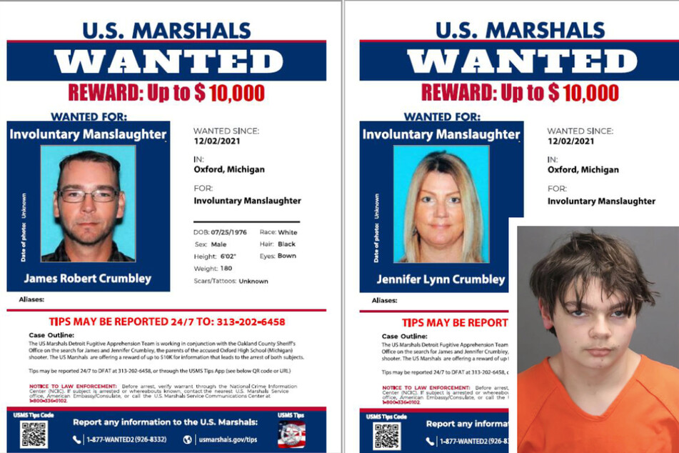 US Marshals issued Wanted posters for James and Jennifer Crumbley on Friday, as they disappeared in connection with their son Ethan's (inset) crimes of shooting and killing students at his high school.