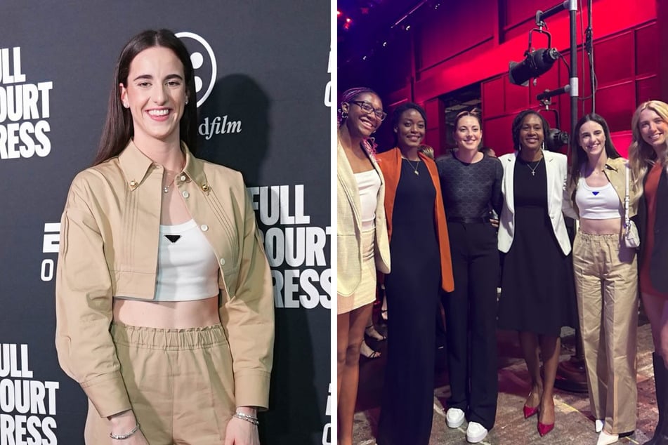 Caitlin Clark (l.) may not have attended the Met Gala, but she still turned heads with her fashionable outfit at the Full Court Press premiere.