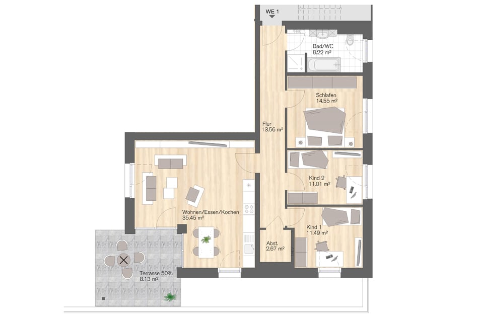 Wohneinheit 1: 4-Raum-Wohnung mit Terrasse, 105 m² Wohnfläche