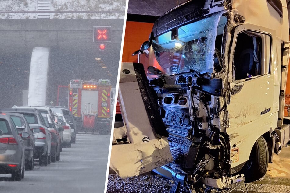 Unfall A4: Silvester-Schnee sorgt für Chaos auf A4 und A17: Lkw kracht gegen Tunnelwand