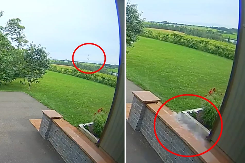 Screenshots aus dem Video des Einschlags zeigen den Meteoriten (l.) sowie die durch seinen Einschlag ausgelöste Gesteinswolke (r.).