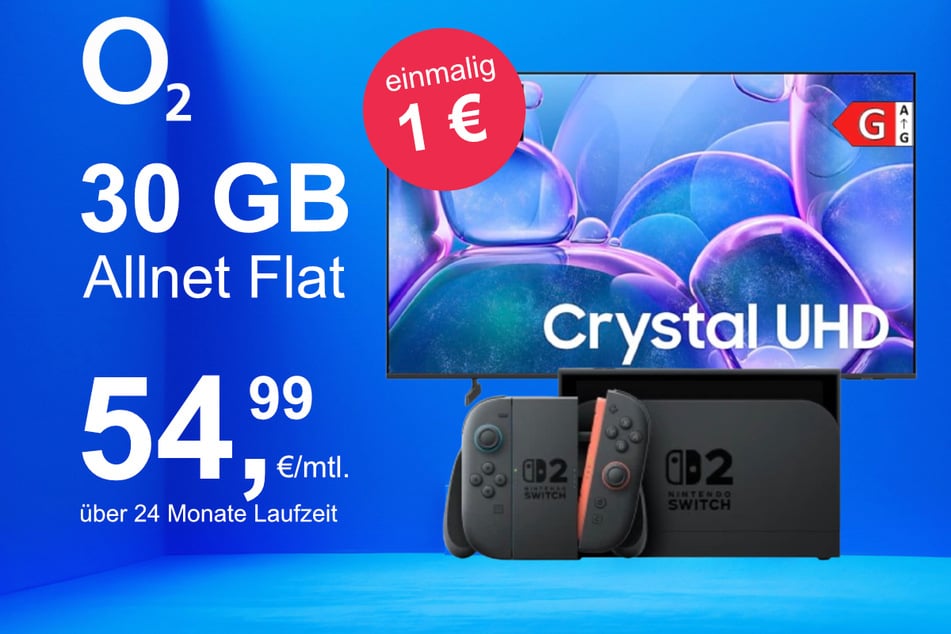 Die Nintendo Switch 2 plus Samsung 50-Zoll Crystal UHD im o2 Mobile M inkl. 30 GB+ für einmalig nur 1 Euro.