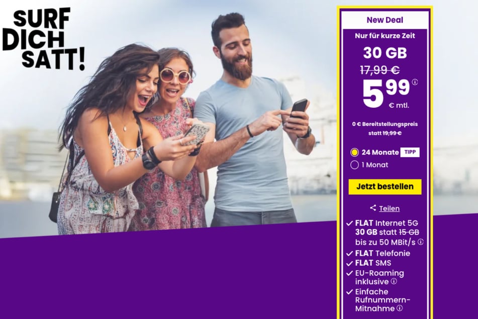 Jetzt Tarif bei sim24 abschließen und 30 GB Datenvolumen für nur 5,99 statt 17,99 Euro erhalten.