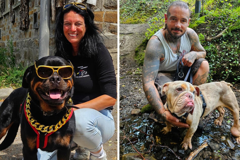 Tierheimleiterin Kirsten Simon und "Harte Hunde"-Mitglied Steve mit dem ausgesetzten "Eddie".