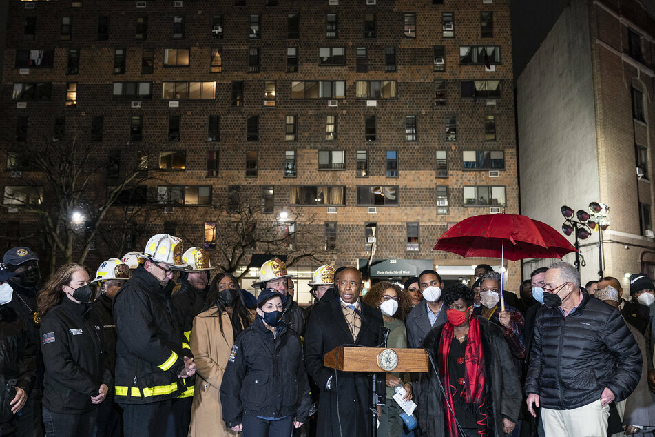 New York City Mayor Eric Adams spoke on Sunday during a news conference outside the Bronx apartment building where the deadly fire broke out.