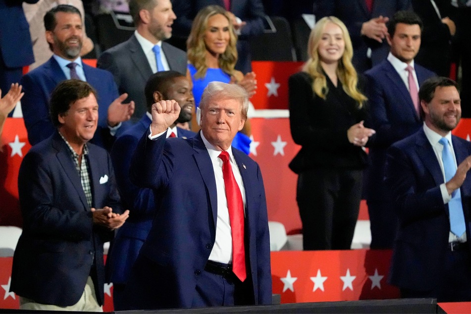 Republican presidential nominee Donald Trump being welcomed to the floor during the first night of the Republican National Convention on Monday.