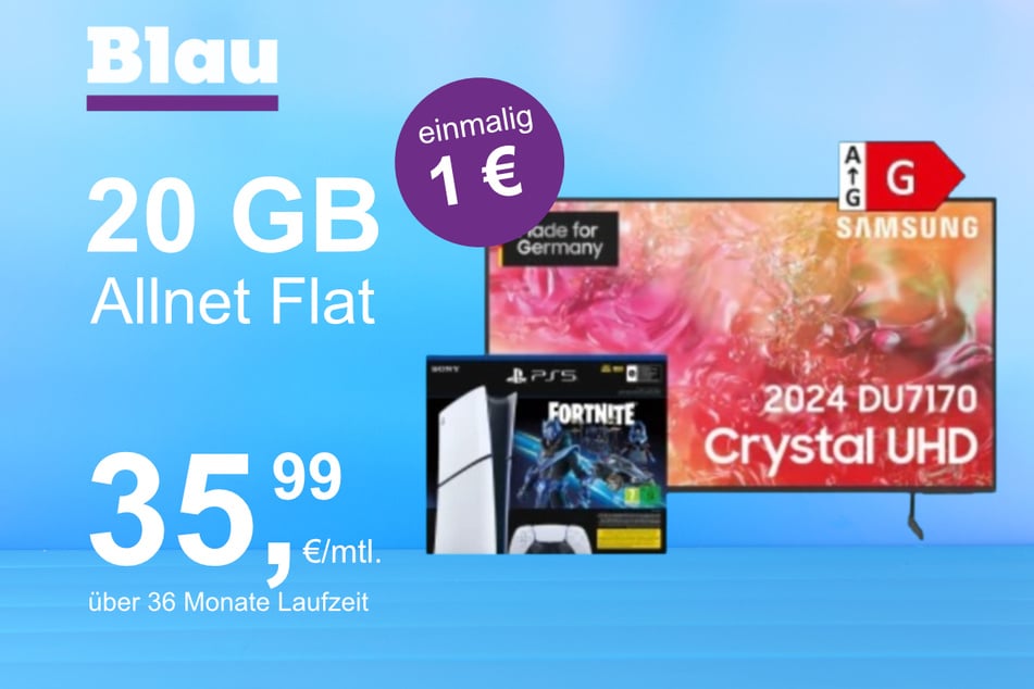 Der 65-Zoll Samsung-TV + PS5 Digital Slim Fortnite im Blau Allnet M inkl. 20 GB für einmalig nur 1 Euro.