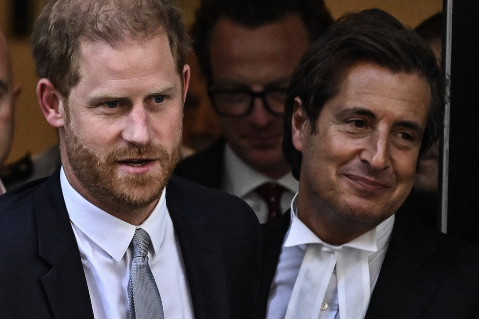 Britain's Prince Harry, Duke of Sussex (l.) and his lawyer David Sherborne (r.) leave the Royal Courts of Justice, Britain's High Court in London on June 7, 2023.