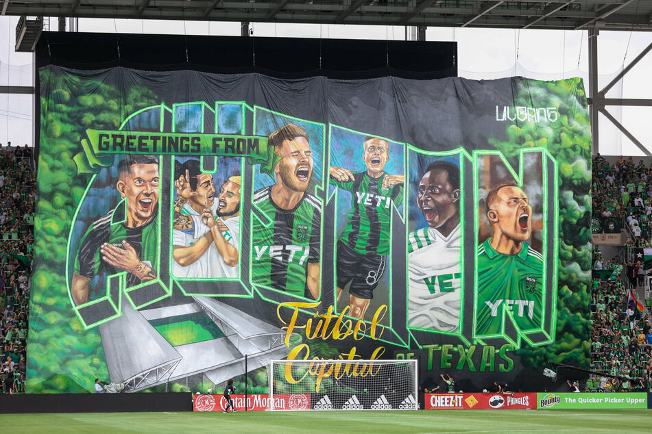A tifo appeared at the start of Austin FC's match against Inter Miami CF on Sunday at Q2 Stadium in Austin, Texas.