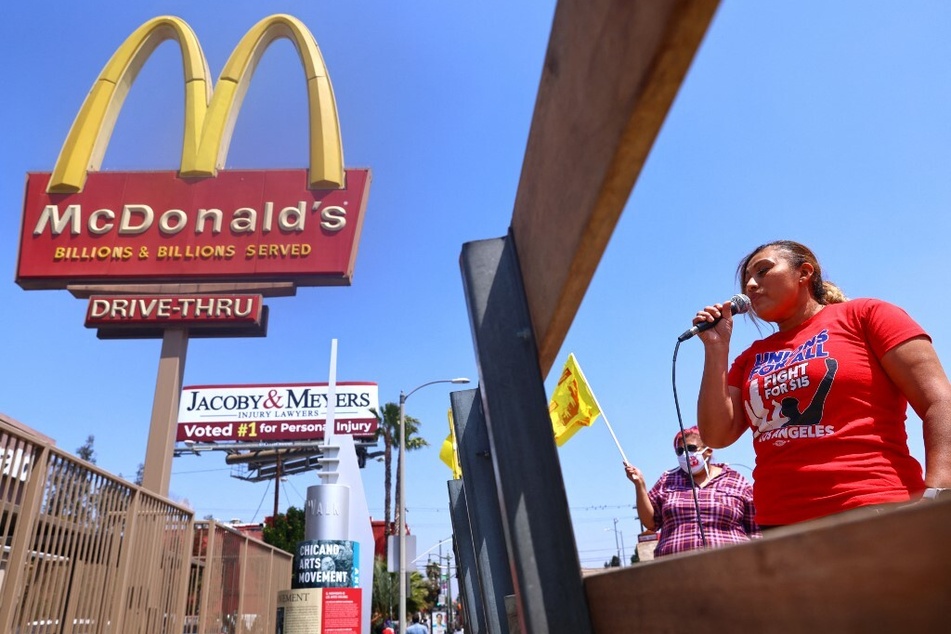 McDonald’s employee Nidia Torres speaks at a rally of fast food workers and supporters for passage of AB 257 in Los Angeles, California.