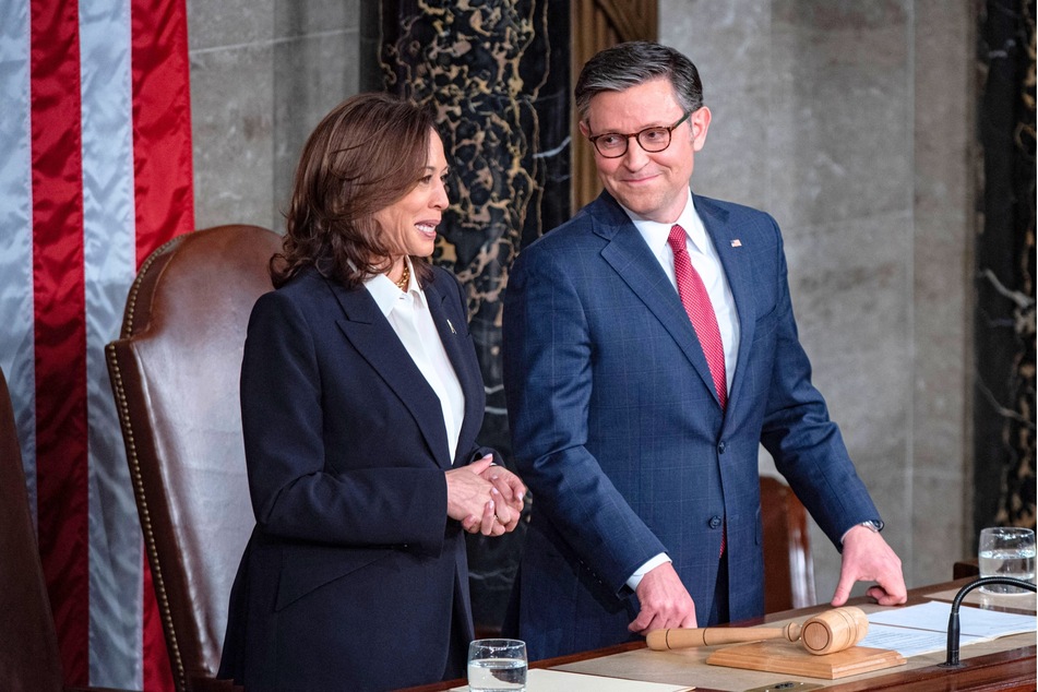 A clip of Vice President Kamala Harris (l.) and House Speaker Mike Johnson has gone viral after a social media user suggested she gave him the cold shoulder.