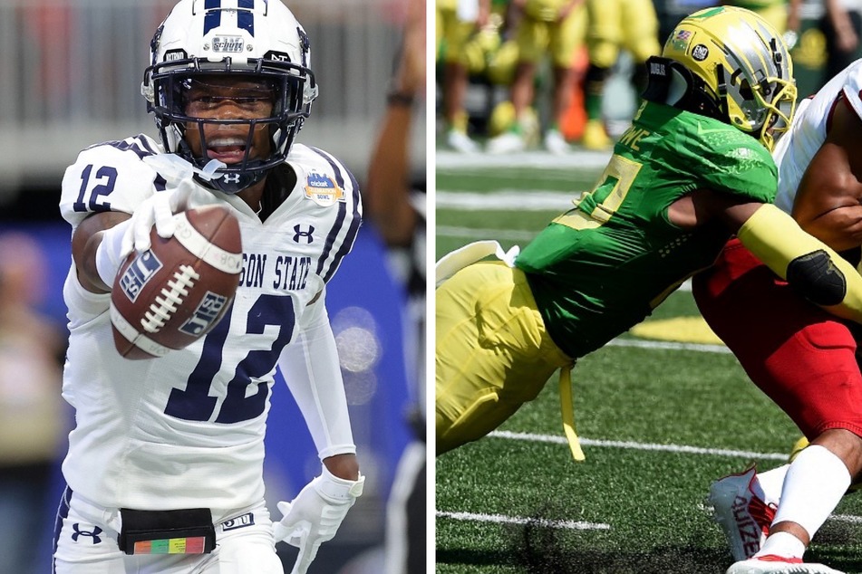 Former Oregon linebacker Justin Flowe (r) has committed to the Arizona Wildcats, while Jackson State's Travis Hunter entered the portal on Sunday.