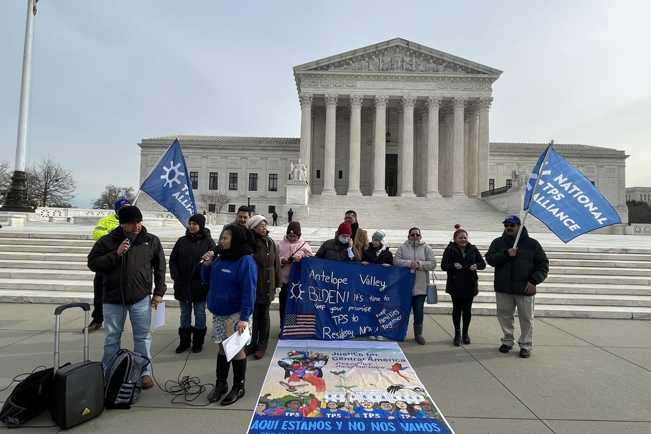 Representatives of the National TPS Alliance hold a press conference outside the US Supreme Court during a two-week lobbying campaign for permanent residency protections.