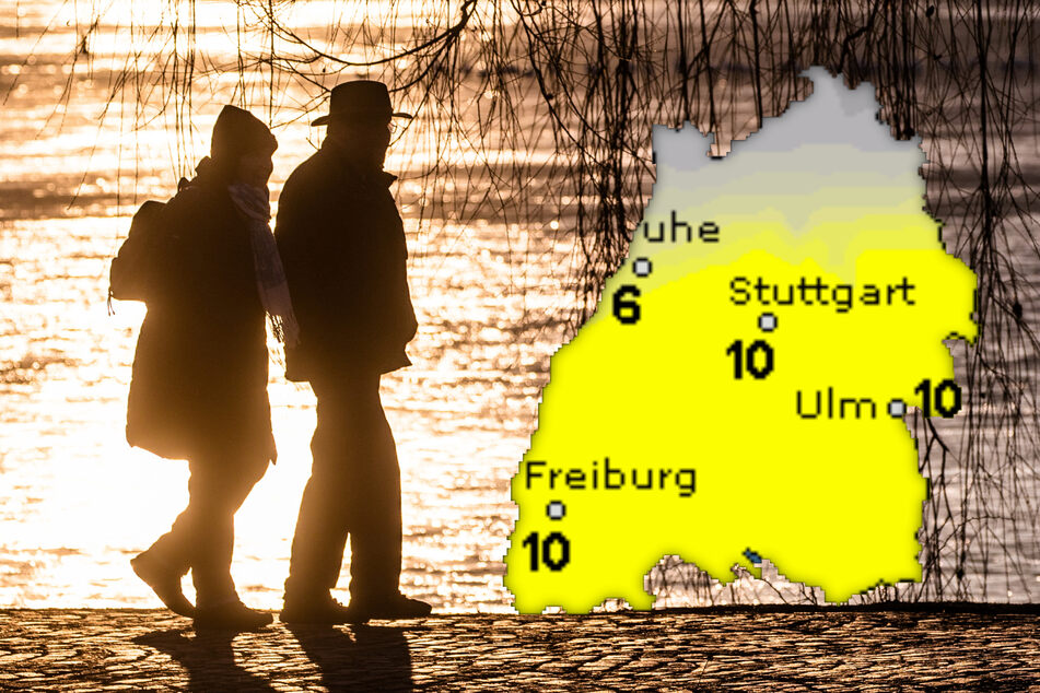 Spaziergänger laufen bei sonnigem Wetter am Ufer des Stuttgarter Max-Eyth-Sees entlang.