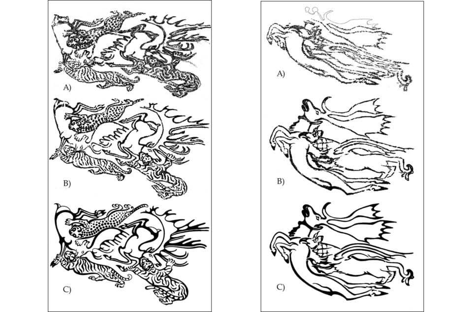 Links: Illustrationen des Tattoos vom rechten Unterarm: A) aktueller Zustand, B) entzerrt, Hautfalten geglättet und Austrocknungsprozess kompensiert, C) idealisierte künstlerische Darstellung. Rechts: Illustrationen des Tattoos vom linken Unterarm.