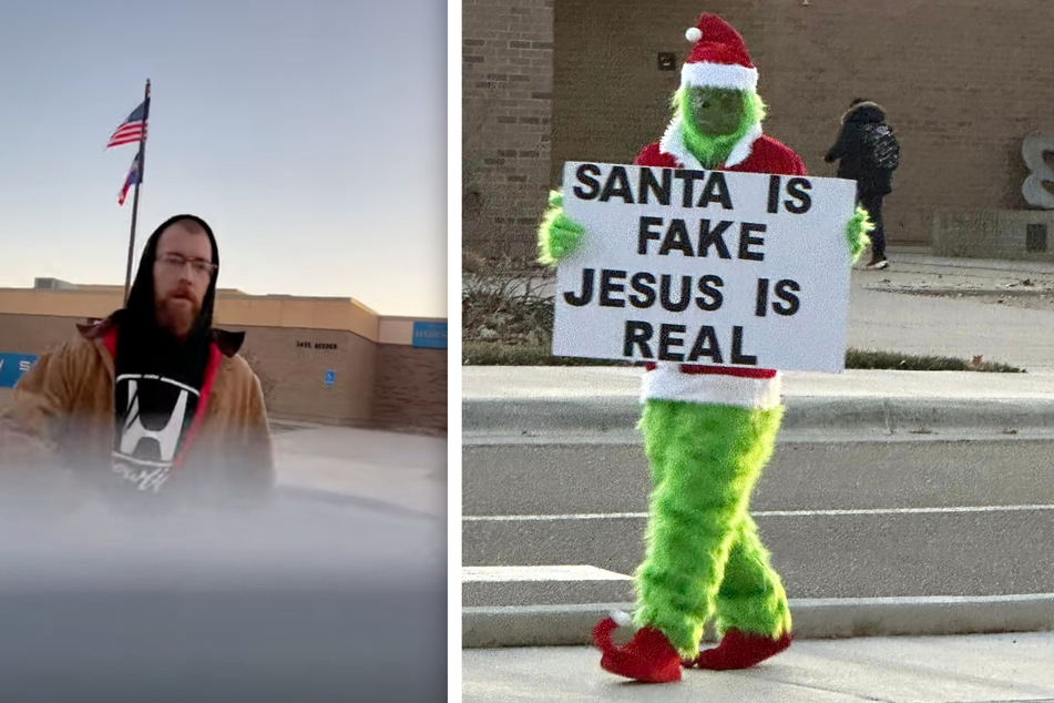 Einem Vater (l.) wurde es zu viel: Er riss dem Grinch sein Schild mit der Botschaft "Santa ist eine Fälschung, Jesus ist real" aus der Hand.