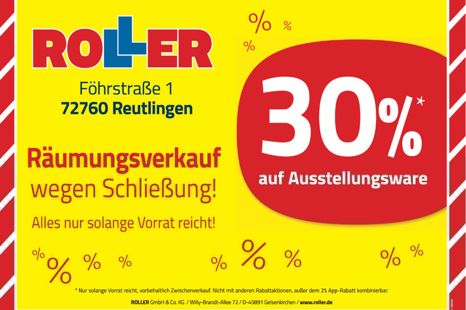 Während des Räumungsverkaufs bei ROLLER in Reutlingen warten jetzt 30 Prozent Nachlass beim Möbelkauf.¹