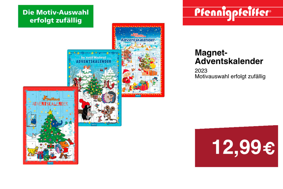 Den schönen Magnet-Adventskalender mit verschiedenen Motiven erhaltet Ihr für nur 12,99 Euro. In den Pfennigpfeiffer Filialen am Donnerstag (16.11.) und Freitag (17.11.) sogar mit extra 10 Prozent Rabatt.