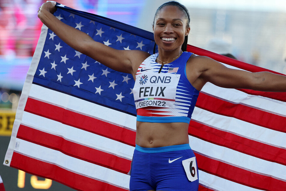 Allyson Felix at the end of her final race, the 4x400-metre mixed relay at the 2022 World Championships in Eugene, Oregon.