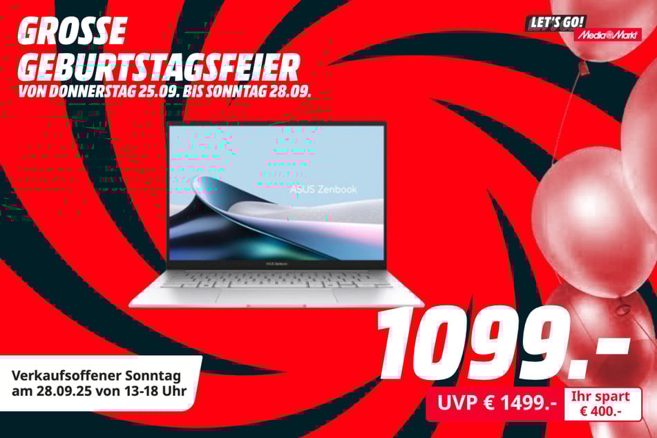 Asus-Notebook Zenbook 14 OLED UX3405CA-QL148W für 1.099 statt 1.499 Euro.