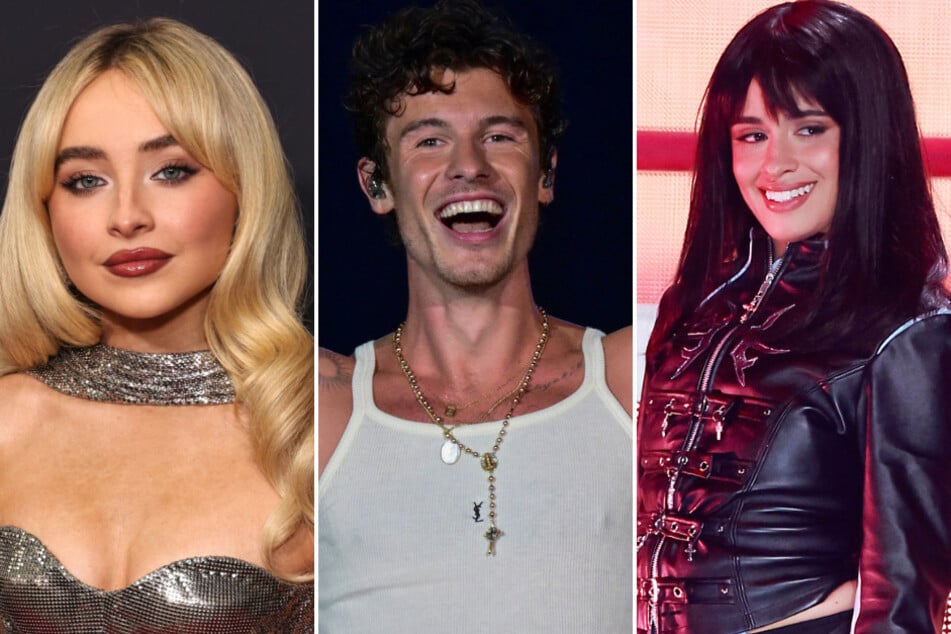 Camila Cabello (r.) spilled the tea on her love triangle with Sabrina Carpenter (l.) and Shawn Mendes on a stop for the Call Her Daddy podcast tour!