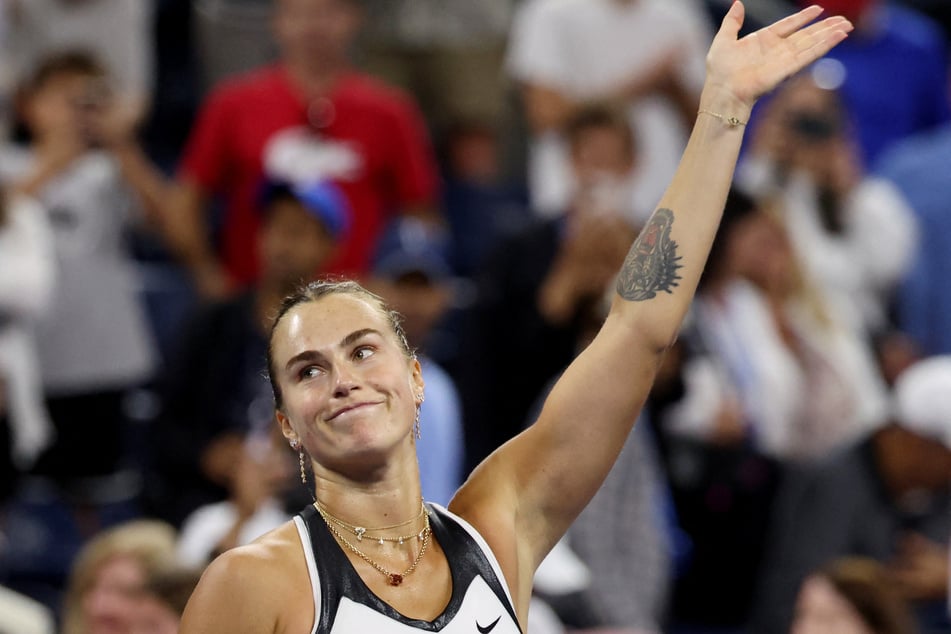 Belarus' Aryna Sabalenka celebrates winning her fourth round match against Spain's Cristina Bucsa at the 2025 US Open.