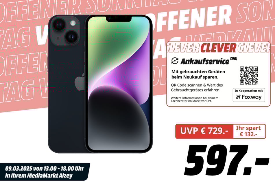 Apple iPhone 14 für 597 statt 729 Euro.
