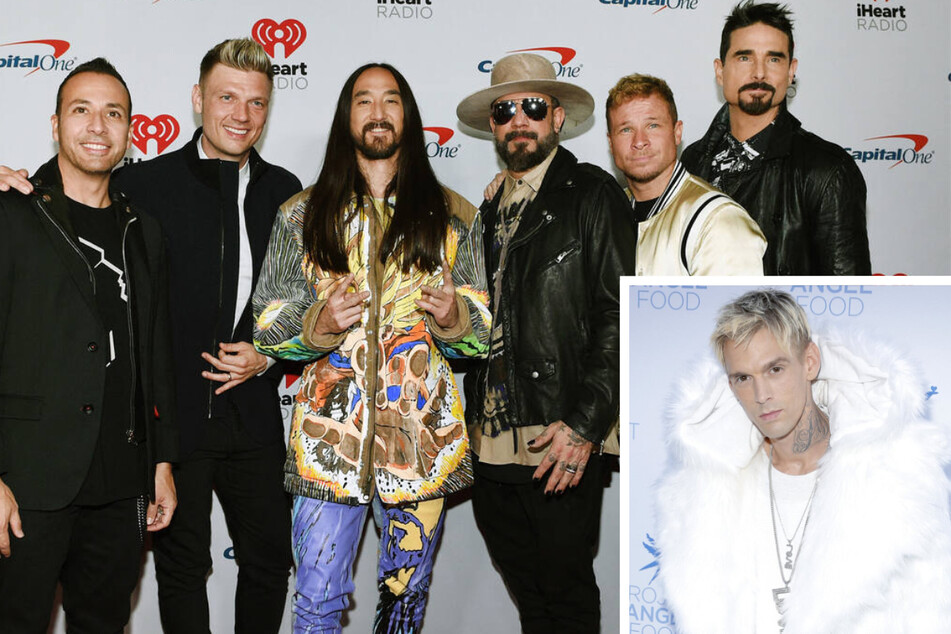 The Backstreet Boys (pictured with DJ Steve Aoki, c.) emotionally paid tribute to the late Aaron Carter (inset) during their London concert on Sunday.