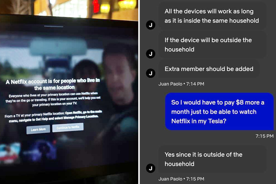 Links ist ein gesperrtes Netflix-Profil eines Teslas zu sehen. Rechts ist der Chatverlauf mit dem Kundenservice des Streaminganbieters.