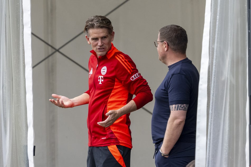 Münchens Sportdirektor Christoph Freund (48, l.) und Sportvorstand Max Eberl (52) arbeiten am Bayern-Kader für die kommende Saison.