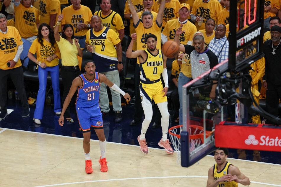 Tyrese Haliburton scores a three-point basket in the first quarter during Game 6 of the 2025 NBA Finals at Gainbridge Fieldhouse.