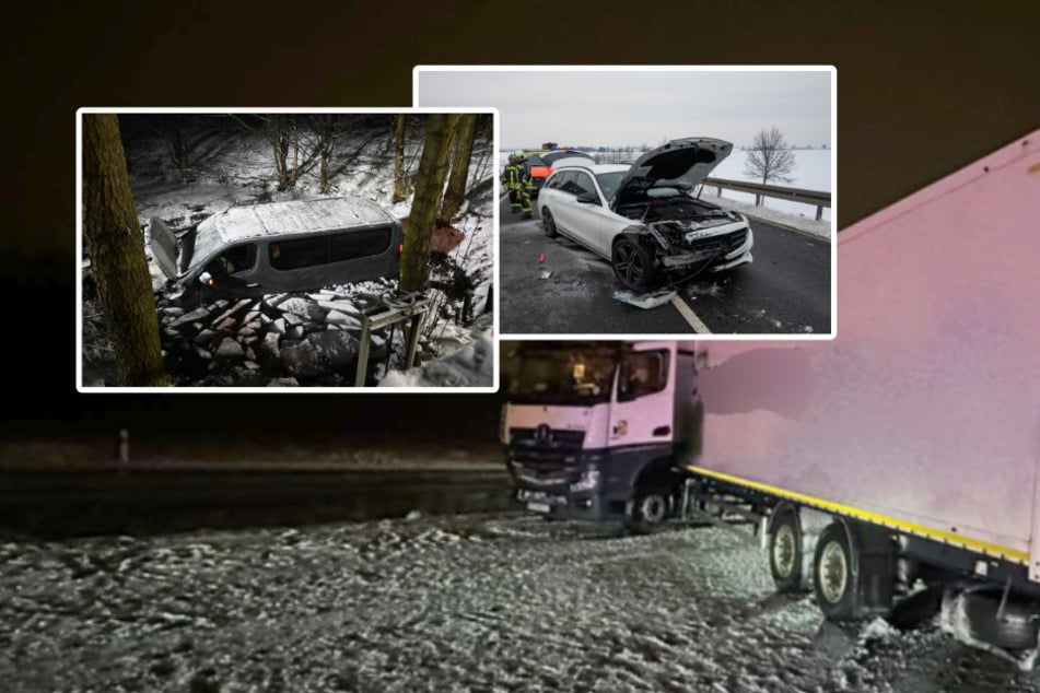 Schneefall sorgt für Unfälle in Sachsen: Lkw steht quer, Transporter landet im Teich