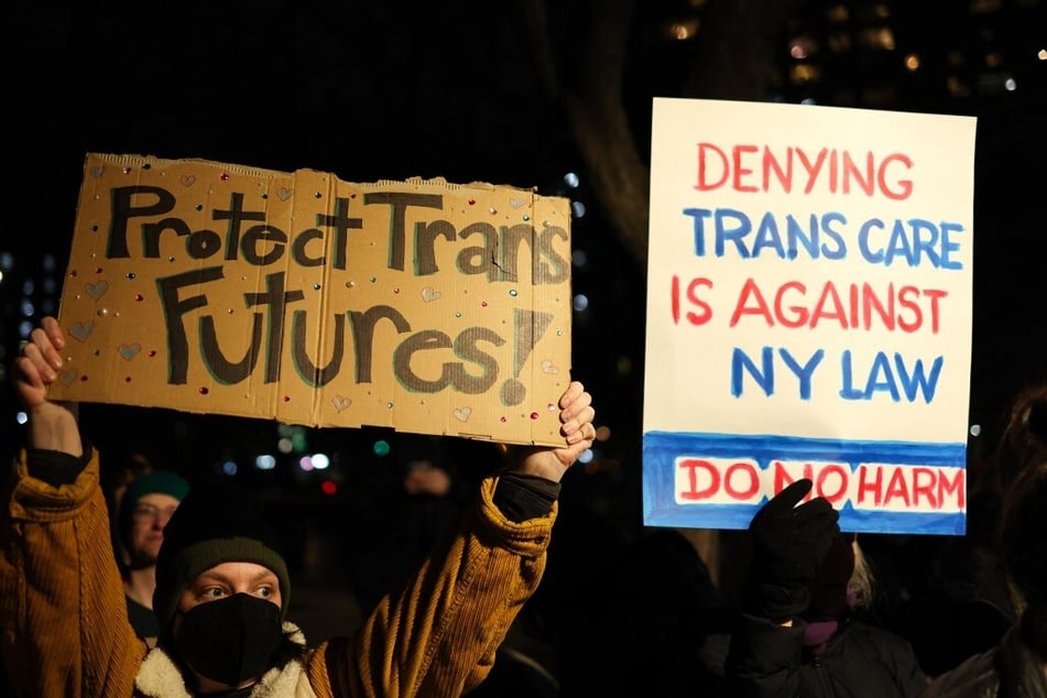 People gather to defend transgender human rights in New York City on February 3, 2025.