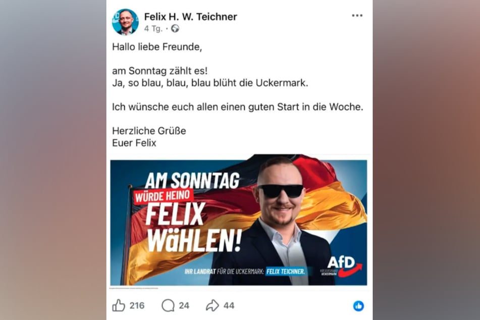 Mit diesem Posting warb der AfD-Kreisverbands Uckermark rund um Landratskandidat Felix Teichner (35) für den Wahlkampf.