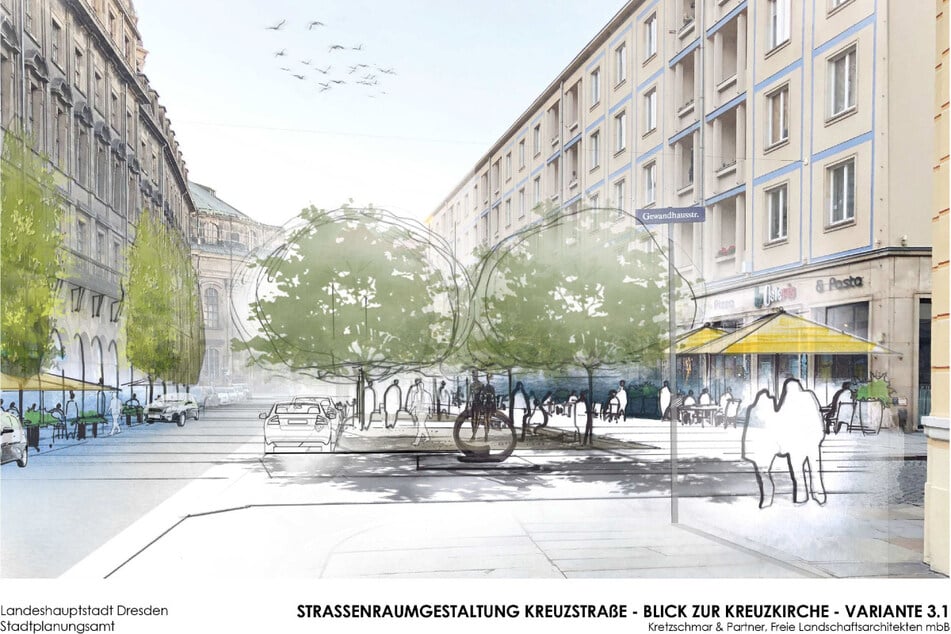 Zukünftig soll die Kreuzstraße zur Einbahnstraße werden. Das schafft Raum für Stellflächen und Bäume.