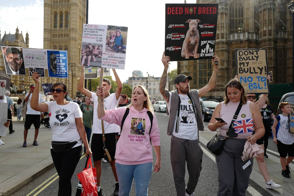 Protesters have gathered in London to protest the UK's XL bully laws.