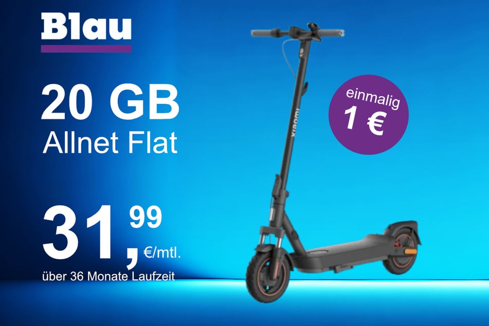 Der Xiaomi E-Scooter 5 Max im Blau Allnet M inkl. 20 GB für einmalig 1 Euro.