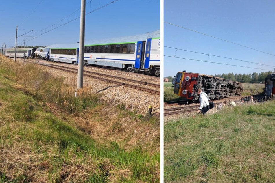 In Polen hat sich ein Zugunglück ereignet. Dabei entgleisten mehrere Waggons, die Lok sprang komplett aus dem Gleis und kippte um.
