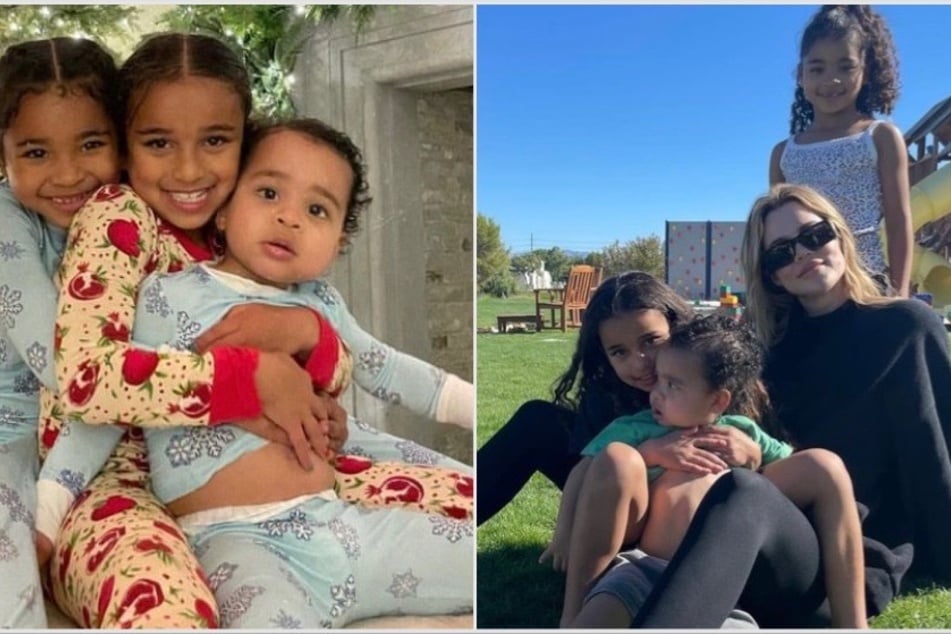 Khloé Kardashian (r) is ringing in the holiday season with her kids and niece in festive Christmas snaps.