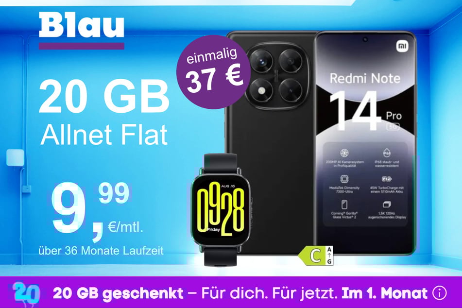 Das Xiaomi Redmi Note 14 Pro + Watch 5 Active im Blau Allnet M für einmalig 37 Euro.