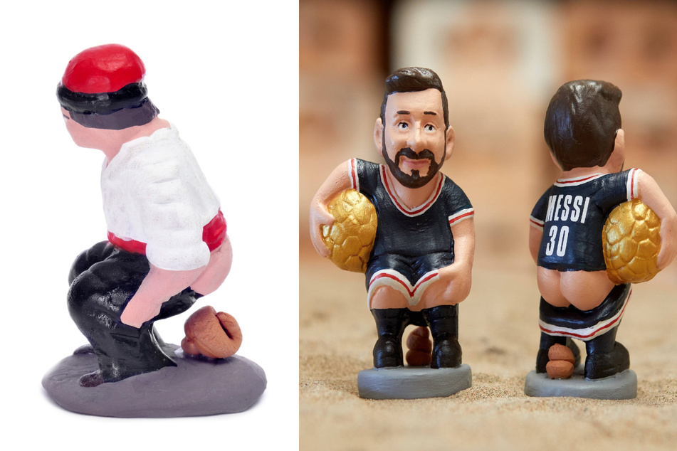 The caganer is typical figurine in nativity scenes in Catalonia (l.), and today, statues of famous figures also depict the tradition (r.).