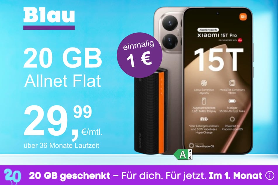 Das Xiaomi 15T Pro + Xiaomi Sound Party (50W) im Blau Allnet M für einmalig 1 Euro.