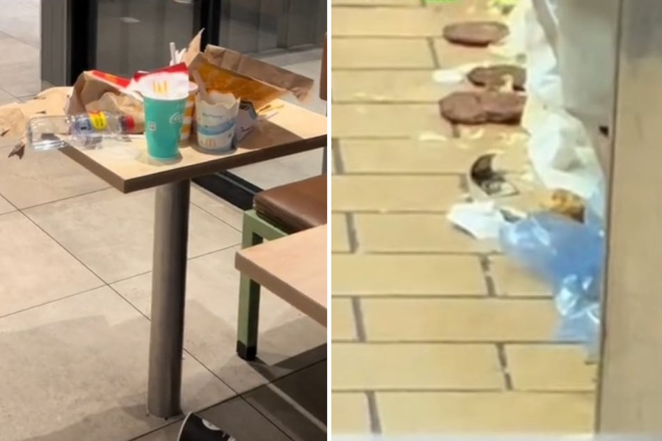 Die Tische in dem Restaurant standen mit Müll voll. Hinter der Theke lagen Burger-Patties und weiteres Essen auf dem Boden herum.